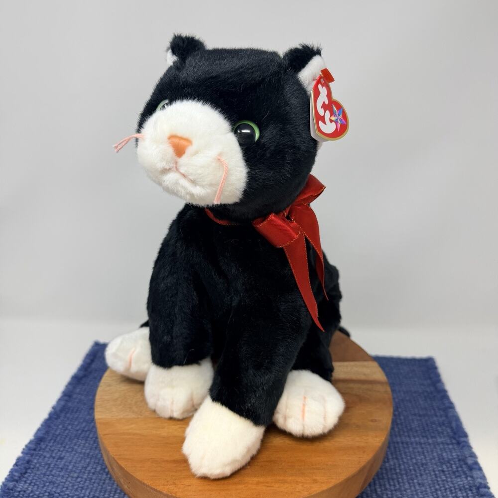 Ty Beanie Buddy Black and White Kitty Cat ZIP 9 Inches Year 1999 Green Eyes Vtg